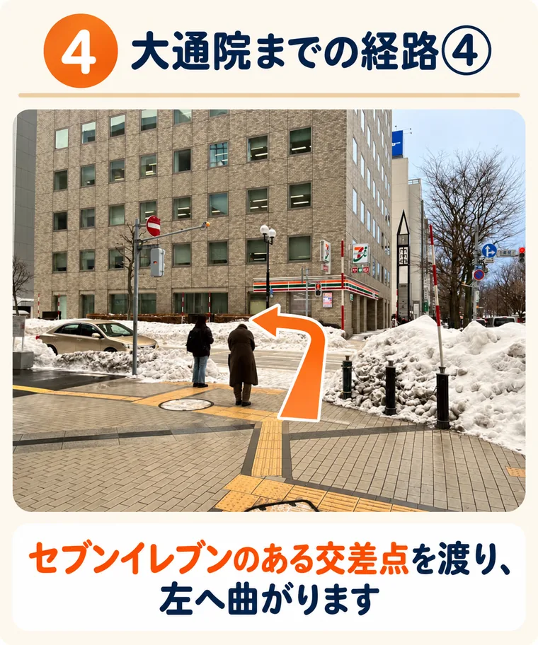 4. セブンイレブンのある交差点を渡り、左へ曲がります